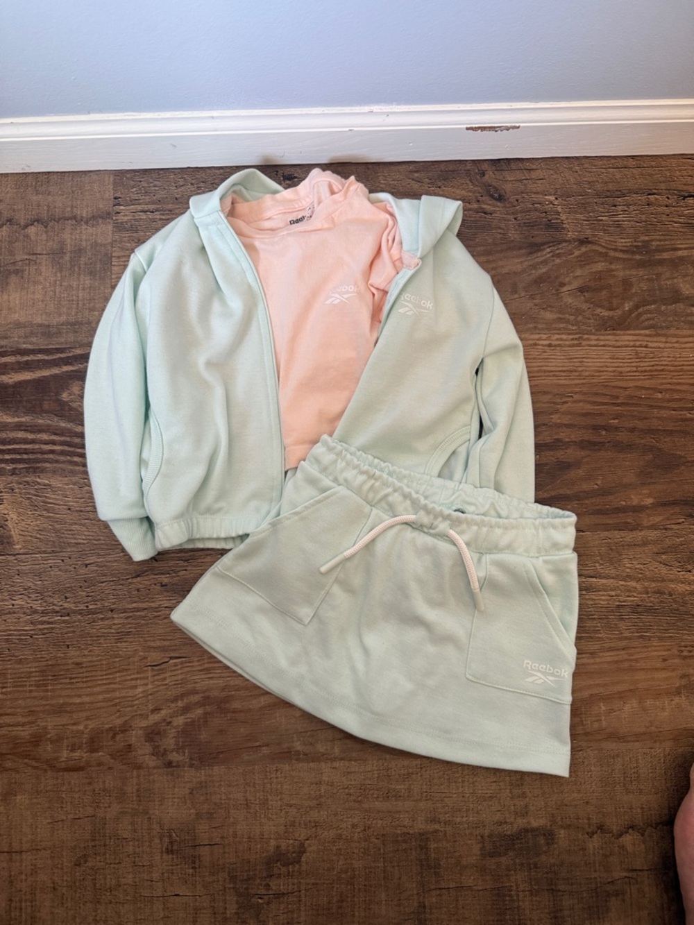 Reebok Pastel Mint Zip Jacket & Skirt Set with Pink Tee